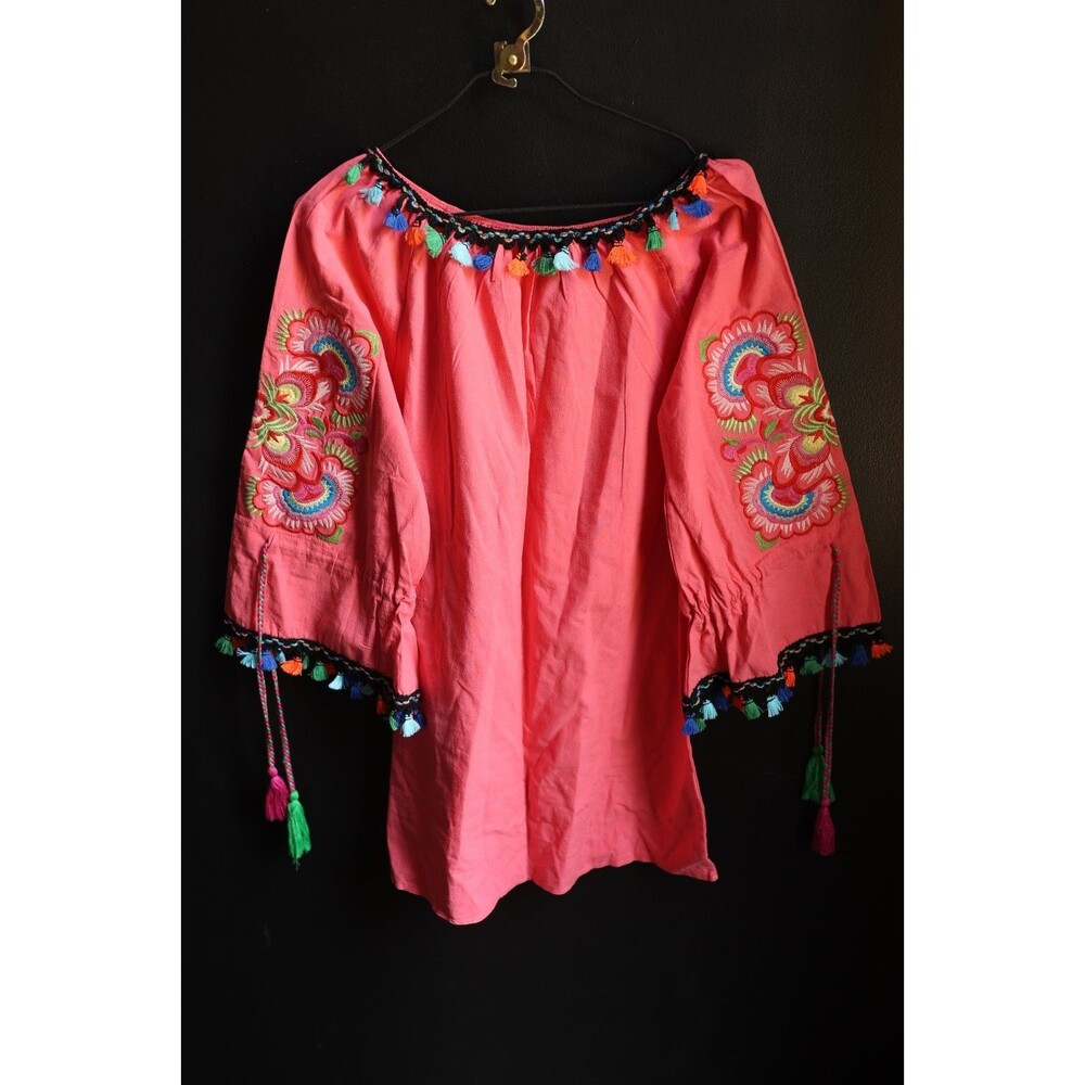 NWT Velzera Off Shoulder Tunic Dress Embroidered Fringe Peasant Coastal Cowgirl